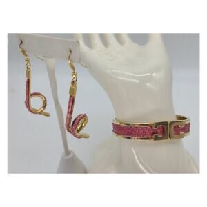 Vintage Pink Snakeskin Clamp Gold Tone Bracelet & Matching Curly Earrings